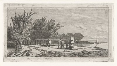 Hombre y niño a lo largo de la orilla de un río. de Lambertus  Hardenberg