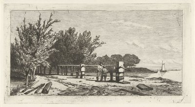 Hombre y niño a lo largo de la orilla de un río. de Lambertus  Hardenberg