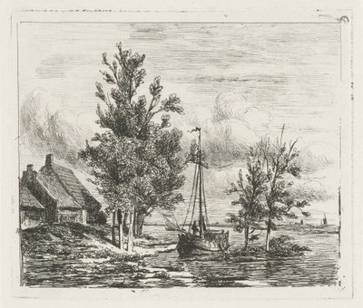 Paisaje fluvial con velero y granja. de Lambertus  Hardenberg