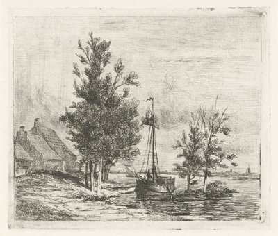 Paisaje fluvial con velero y granja. de Lambertus  Hardenberg