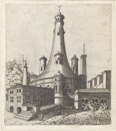 Edificio con una luna creciente en el tejado
Ruinarum variarum fabricarum delineationes pictoribus caeterisque id genus artificibus multum utiles (título de la serie) de Lambertus Suavius