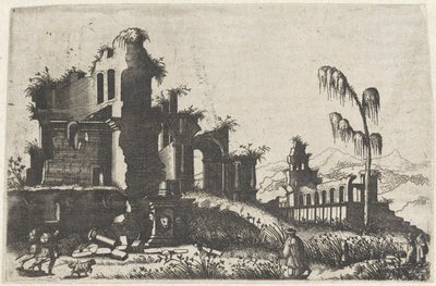 Paisaje con ruinas cubiertas de maleza y viajeros
Ruinarum variarum fabricarum delineationes pictoribus caeterisque id genus artificibus multum utiles (título de la serie) de Lambertus Suavius