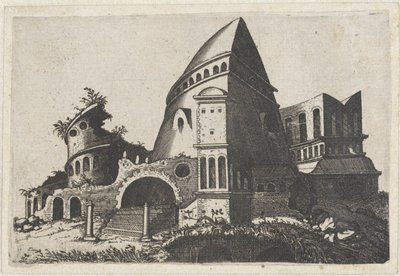 Ruïne met piramidevormige toren
Ruinarum variarum fabricarum delineationes pictoribus caeterisque id genus artificibus multum utiles (título de la serie) de Lambertus Suavius