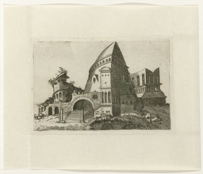 Ruïne met piramidevormige toren
Ruinarum variarum fabricarum delineationes pictoribus caeterisque id genus artificibus multum utiles (título de la serie) de Lambertus Suavius