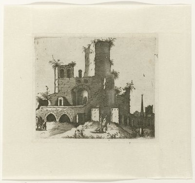 Ruïne met rechthoekige toren
Ruinarum variarum fabricarum delineationes pictoribus caeterisque id genus artificibus multum utiles (título de la serie) de Lambertus Suavius