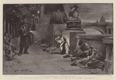 Los pobres sin hogar de Londres, una escena de medianoche en el malecón del Támesis de Lance Calkin