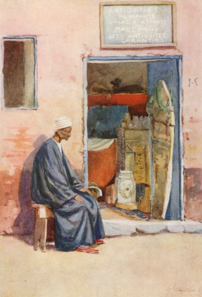 Pueblo de Egipto: Vendedor de antigüedades, Baia Antikat (litografía en color) de Lance Thackeray