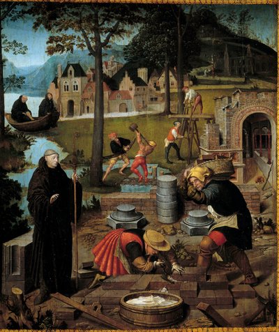 Leyenda de San Bertin: el abad San Bertin de Sithiu (610-709) dirige la construcción del monasterio de Sithiu en Saint Omer. (detalle) de Lancelot Blondeel