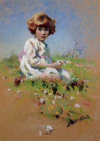 Marjorie - a Una niña recogiendo margaritas (pastel sobre papel) de Lancelot Roberts
