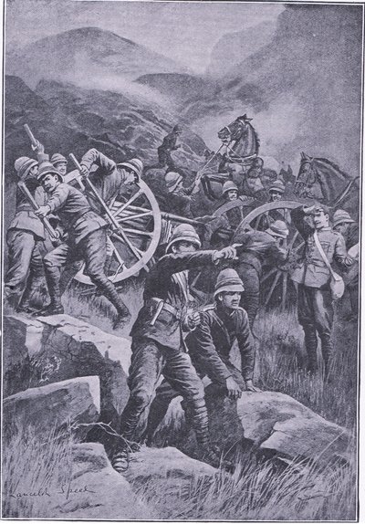 Un cañón volcado en una ladera, de Después de Pretoria: La Guerra de Guerrillas publicado por Harmsworth Bros Limited, 1901 de Lancelot Speed
