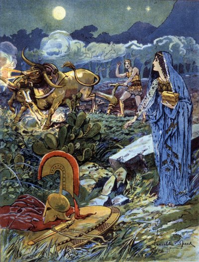 Jasón, ayudado por Medea arando los campos de Marte, c. 1900 (ilustración) de Lancelot Speed
