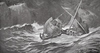 El barco maderero fue sorprendido por una tormenta y los monjes acudieron en su ayuda en pequeñas embarcaciones (litografía) de Lancelot Speed