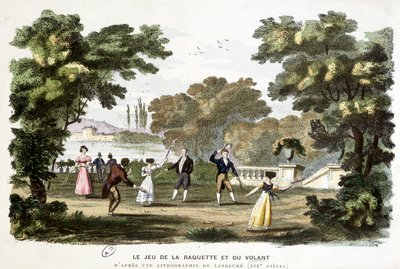 Juegos antiguos: el juego de raqueta y volante, antecesor del bádminton, basado en una litografía de Langlumé siglo XIX de Langlume Langlume