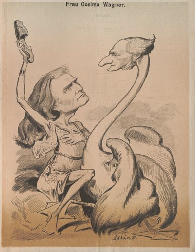 Richard Wagner como cisne y Cosima Wagner como Leda, portada de Die Bombe, 1875 de Laszlo Frecskay
