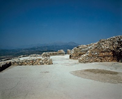 Megarón del Palacio Real: sitio de la antigua ciudad de Micenas, en el Peloponeso (1500-1100 a.C.) Grecia de Late Helladic Period Mycenaean