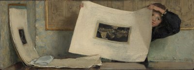 Anna hojeando un portafolio de impresiones de Laura Theresa Alma Tadema (Lady)