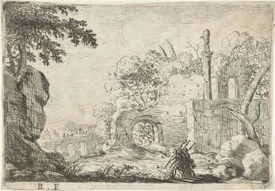 Tres soldados en una ruina Paisajes italianos con ruinas (título de serie) de Laurens Barata