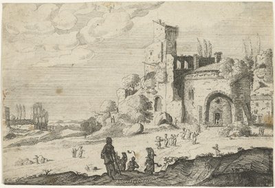 Un grupo de mujeres se acerca a un edificio. Paisajes con edificios romanos antiguos (título de la serie) de Laurens Barata