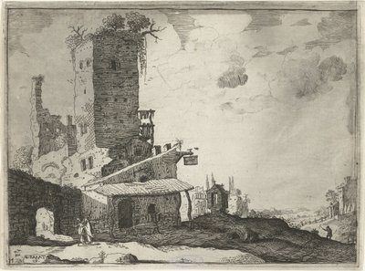 Posada cerca de una capilla Paisajes con edificios romanos antiguos (título de la serie) de Laurens Barata