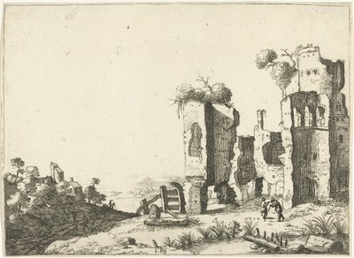 Hombre apoyado en un palo frente a una ruina Paisajes con edificios romanos antiguos (título de la serie) de Laurens Barata