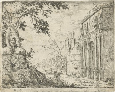 Dibujante en las ruinas de un arco triunfal Paisajes italianos con ruinas (título de serie) de Laurens Barata