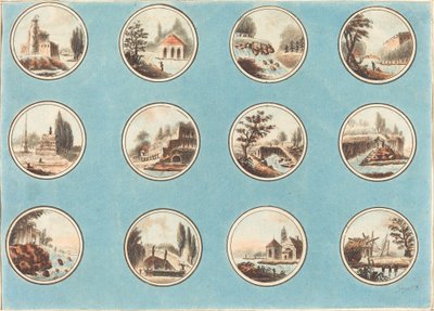 Doce medallones con paisajes de Laurent Guyot after Jean Henry Alexandre Pernet