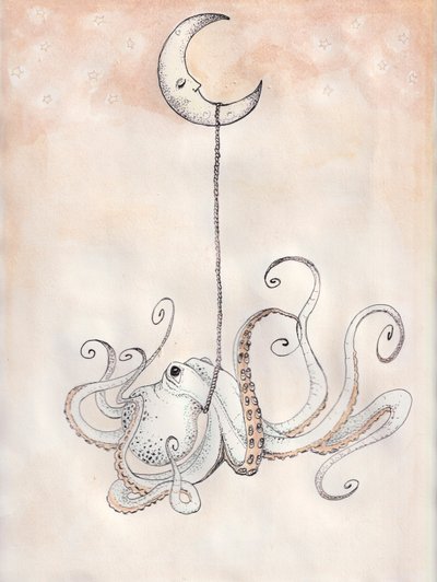 Goodnight Octopus, 2025 (acuarela y tinta sobre papel de acuarela) de Laurie Michaels