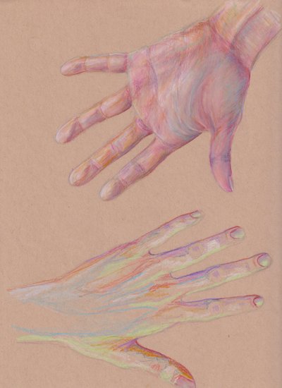Hands #2, 2025 (lápiz de color sobre papel entonado) de Laurie Michaels