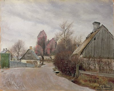 Gade i Hoje Taastrup (camino rural con cabañas y una iglesia alta) 1911 de Laurits Andersen Ring