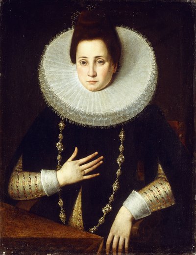 Retrato de una dama, sentada a media longitud, con un traje negro con gorguera blanca de Lavinia Fontana
