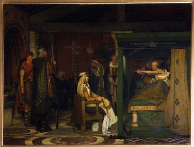 Fredegund (circa 545-597), reina de Neustria, visita al obispo Pretextat de Rouen (fallecido en 586) en su lecho de muerte (Fredegund visita al obispo Praetextats en su lecho de muerte) - Pintura de Sir Lawrence Alma-Tadema (Alma Tadema) (1836-1912) , óleo de Lawrence Alma Tadema