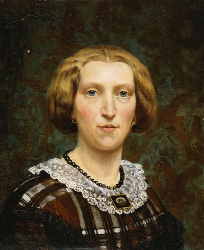 Retrato de Sientje Tadema, pequeño busto, con vestido marrón y blanco y chal negro, 1860 de Lawrence Alma Tadema