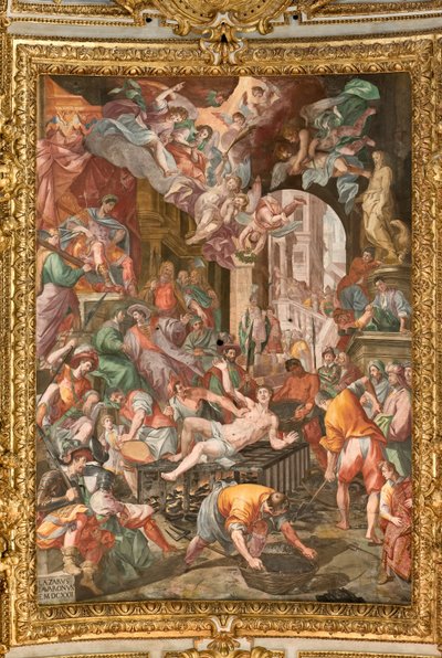 Génova, Duomo (Catedral de San Lorenzo), en el interior, la bóveda del presbiterio: "El martirio de San Lorenzo" de Lazzaro Tavarone