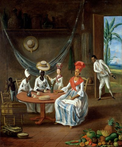 Una mujer mulata con su hija blanca visitada por mujeres negras en su casa en Martinica, 1775 de Le Masurier