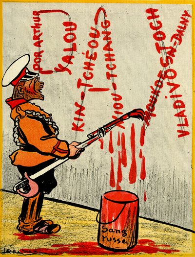 El zar ruso pinta la palabra Pax o paz, formada por los nombres de las batallas perdidas con sangre rusa. 1904 (litografía) de Leal de Camara
