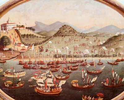 Procesión de barcos en el agua frente al Hospital Lazares, Río de Janeiro de Leandro Joaquim