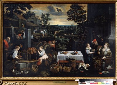 ""El mes de julio"" (julio) Trabajo en la finca, el dueño de la propiedad degusta los frutos de la huerta, los campesinos trabajan en los campos (trillando trigo con un mayal). Símbolo de signo de león en el cielo. Pintura de Leandro Bassano da Pont de Leandro da Ponte Bassano