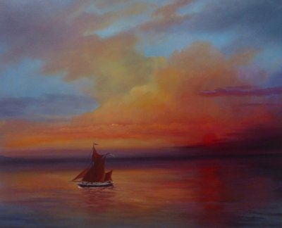 Red Sails - Thames Barge at full sail, 2022 (óleo sobre lienzo) de Lee Campbell