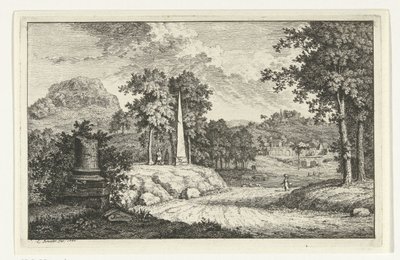 Paisaje montañoso con obelisco a lo largo del camino de Leendert Brasser