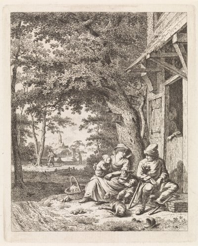 familia, con, perro, sentado, delante de, un, casa Paisajes con figuras (título de serie) de Leendert Overbeek