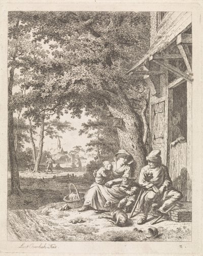 familia, con, perro, sentado, delante de, un, casa Paisajes con figuras (título de serie) de Leendert Overbeek
