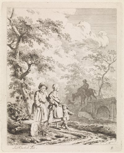 Anciano, mujer y niño en un camino forestal Paisajes con figuras (título de serie) de Leendert Overbeek