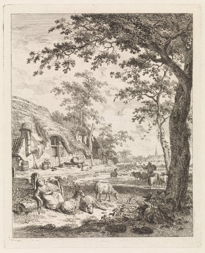 Pastora con ovejas frente a una granja Paisajes con figuras (título de serie) de Leendert Overbeek