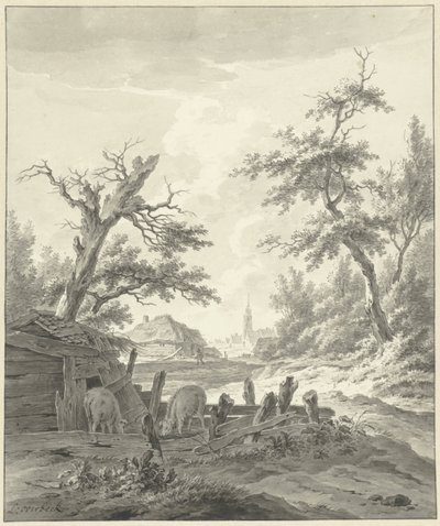 Paisaje con un corral de cerdos en primer plano de Leendert Overbeek