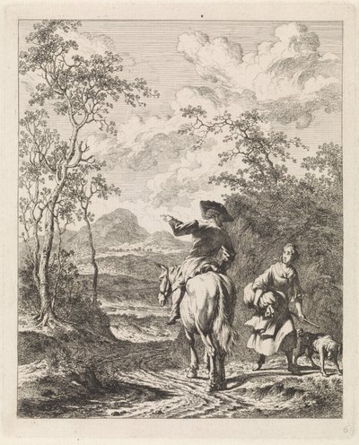 Jinete preguntando por direcciones a una chica con un perro Paisajes con figuras (título de serie) de Leendert Overbeek