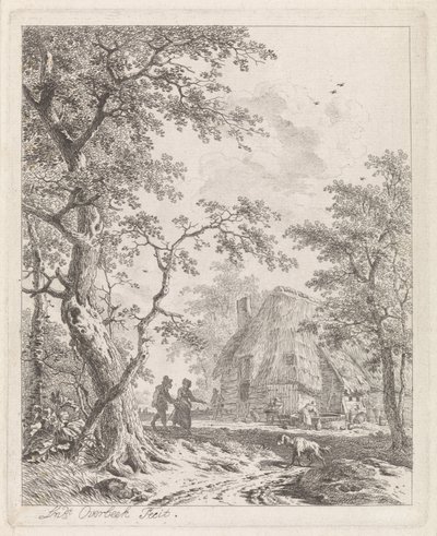 Dos excursionistas en una granja. Paisajes con figuras (título de serie) de Leendert Overbeek