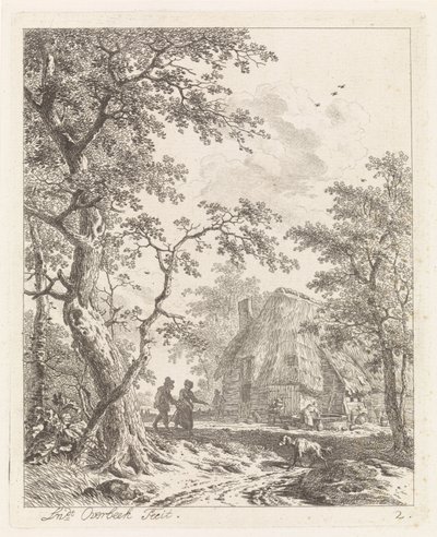 Dos excursionistas en una granja. Paisajes con figuras (título de serie) de Leendert Overbeek