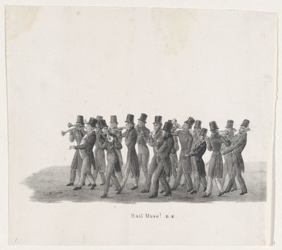 Músicos en la procesión de estudiantes de Leiden, 1835 ¡Hola Musa! (título en el objeto) Las actuaciones individuales que ascienden en poder de S.H. Estudiantes de Leidsche Hoogeschool el 9 de febrero de 1835, cerrado (título de la serie en el objeto) de Leendert Springer (I)