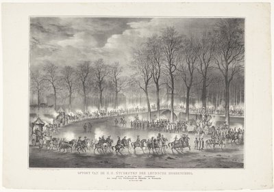 Desfile de S.H. Estudiantes de Leydsche Hoogeschool celebrada el 9 de febrero de 1835, representando la entrada de Ferdinand y Jsabella en Granada el 6 de enero. 1492 (título sobre el objeto) de Leendert Springer (I)