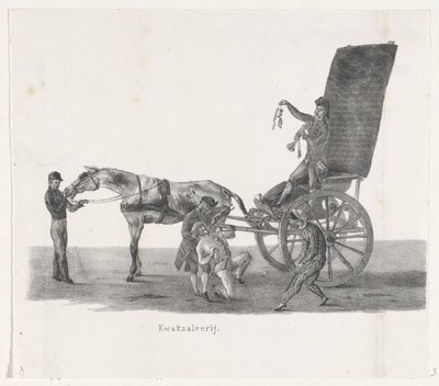 Sjees con un charlatán, 1835 Charlatanería (título sobre el objeto) Las actuaciones individuales que ascienden en poder de S.H. Estudiantes de Leidsche Hoogeschool el 9 de febrero de 1835, cerrado (título de la serie en el objeto) de Leendert Springer (I)